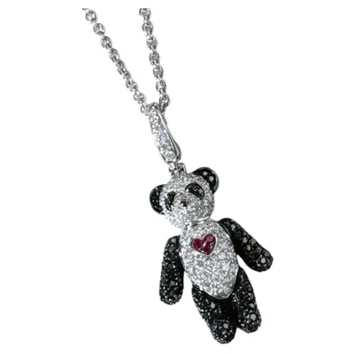 Pre-owned Qeelin Bo Bo 18k White Gold, Diamond Black Diamond Ruby Panda Pendant Necklac