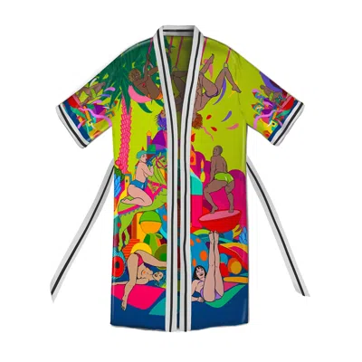 Qinkimo Women's Yellow Unique Party Kimono, Artistic Statement Piece, "girls Just Wanna Have Fun" Neon Editi