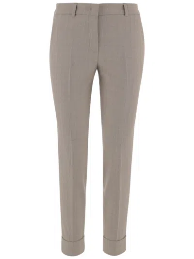 Ql2 Beige Belted Stretch Wool Straight-leg Pants In Gray