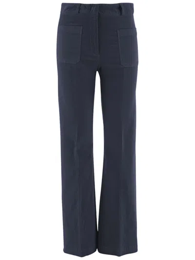 Ql2 Flared Navy Stretch Cotton Velvet Pants With Pressed Center Crease In Black