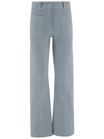 Ql2 Light Blue Stretch Cotton Velvet Flared Pants With Pressed Center Crease In Grey