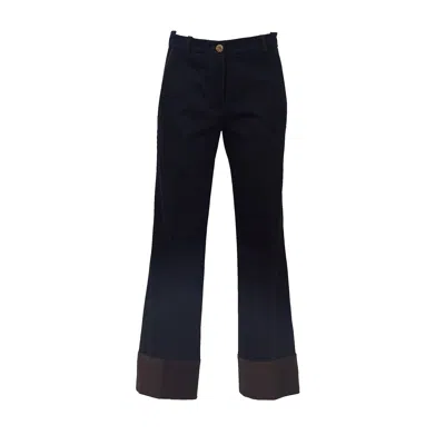 Ql2 Wide Leg Pants With Contrast Cuffs And Golden Button Details In Black