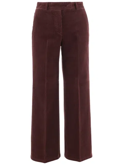 Ql2 Wide-leg Bordeaux Corduroy Pants With Belt Loops And Pockets In Red