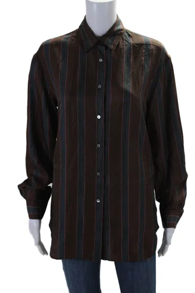 QL2 WOMENS BUTTON FRONT COLLARED SILK VIVIANA SHIRT BROWN BLUE
