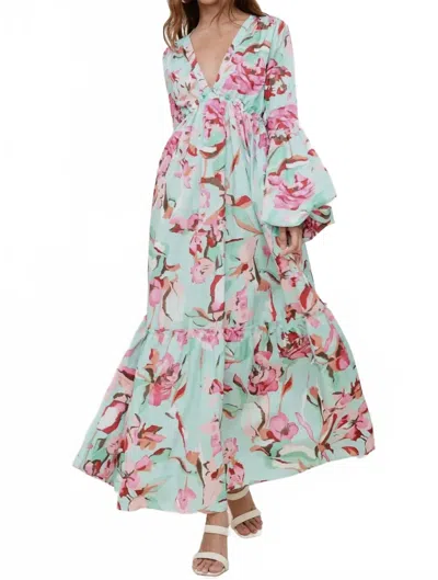 Qmp Moda Printed V Neck Maxi Dress In Blue