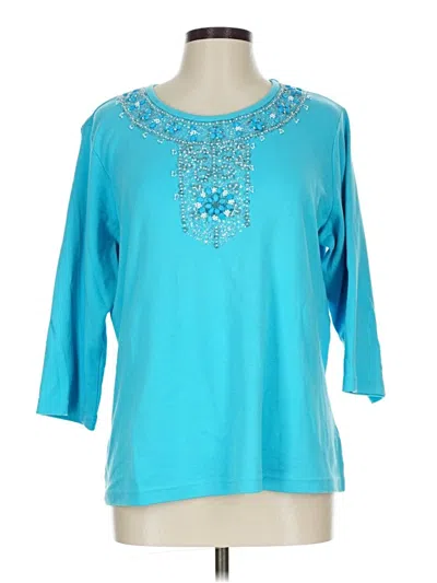 Pre-owned Quacker Factory 3/4 Sleeve Top Teal Keyhole Neckline Tops In Blue