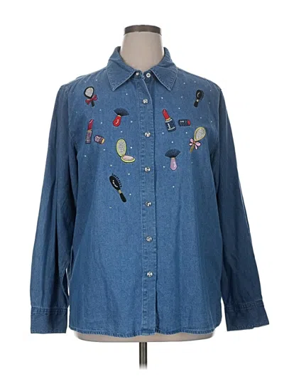 Pre-owned Quacker Factory Long Sleeve Button Down Shirt In Blue