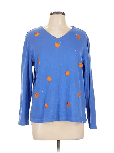 Pre-owned Quacker Factory Long Sleeve Top Blue Stars Pattern V Neck Tops