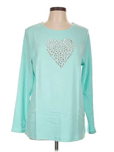 Pre-owned Quacker Factory Long Sleeve Top Teal Hearts Pattern Sweetheart Neckline Tops