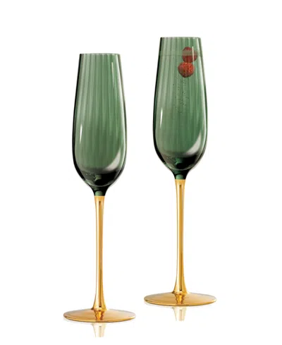 Qualia Glass Posh Champagne Flutes, Set Of 2 In Green