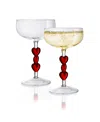 Qualia Glass Red Heart Stemmed Coupe Glasses, Set Of 2 In Clear With Red