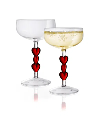 Qualia Glass Red Heart Stemmed Coupe Glasses, Set Of 2 In Clear With Red