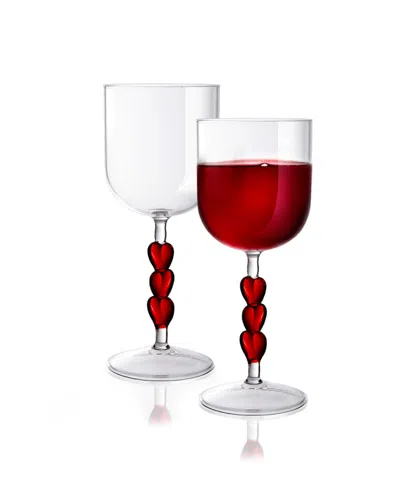 Qualia Glass Red Heart Stemmed Wine Glasses, Set Of 2 In Clear With Red
