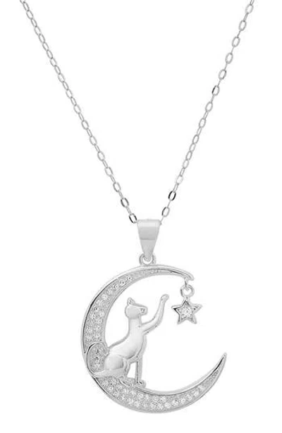Queen Jewels Cubic Zirconia Cat, Moon & Star Pendant Necklace In Silver