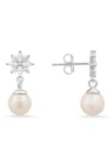 Queen Jewels Dangling Freshwater Pearl & Cubic Zirconia Floral Drop Earrings In Silver