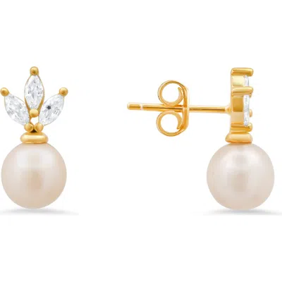 Queen Jewels Dangling Freshwater Pearl & Cubic Zirconia Stud Earrings In Gold