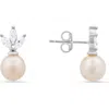 Queen Jewels Dangling Freshwater Pearl & Cubic Zirconia Stud Earrings In Silver