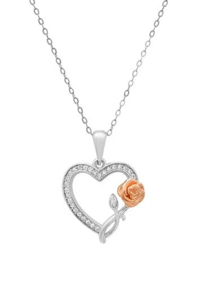 Queen Jewels Two Tone Rose Heart Cz Pendant Necklace In Metallic