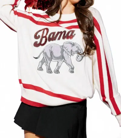 Queen Of Sparkles Bama Stripe Long Sleeve Sweater In White & Crimson
