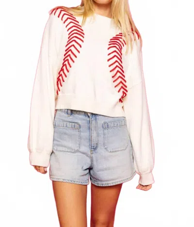 Queen Of Sparkles Baseball Stitch Long Sleeve Sweater In White