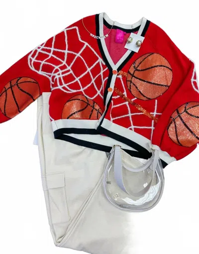 Queen Of Sparkles Basketball Net Button Up Cardigan In Red And Black
