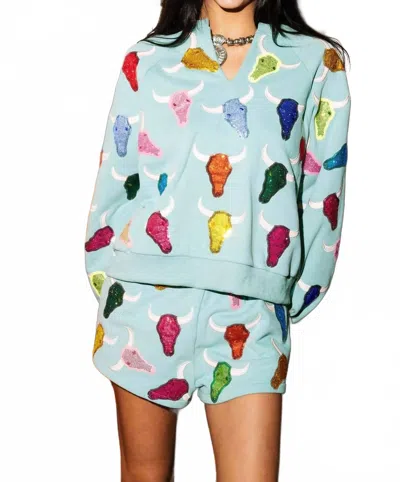 Queen Of Sparkles Bull Head Sweatshirt In Teal Multi In Blue