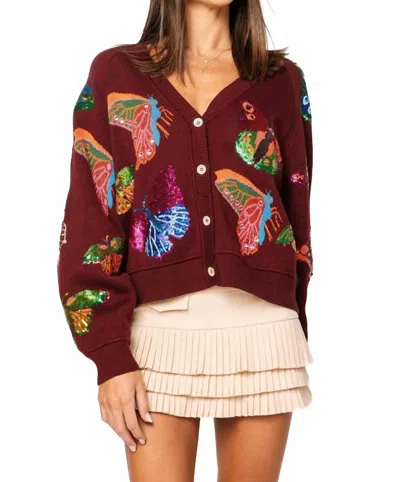 Queen Of Sparkles Butterfly Button Up Knit Cardigan In Maroon Multi In Brown
