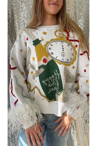 Queen Of Sparkles Champagne Feather Sweater In White