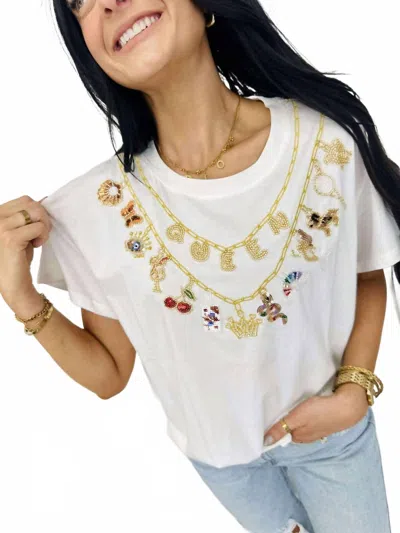 Queen Of Sparkles Charm Queen Necklace Tee In White