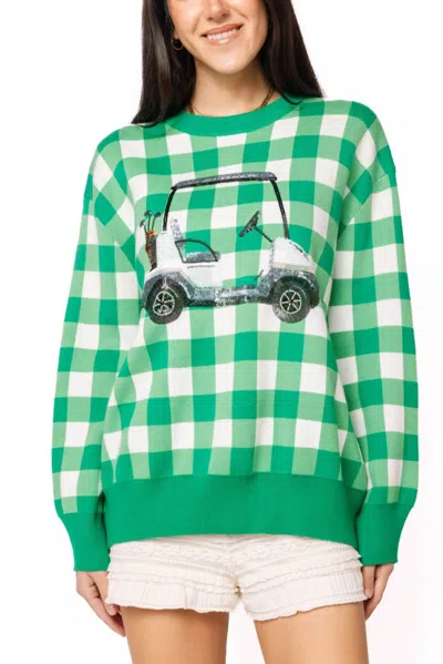 Queen Of Sparkles Checkered Golf Cart Long Sleeve Sweater In Green In Multi