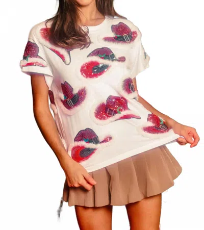 Queen Of Sparkles Christmas Cowboy Hat Tee In White In Multi