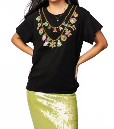 Queen Of Sparkles Christmas Charm Icon Necklace Tee In Black