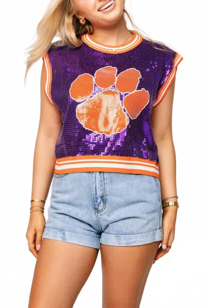 Queen Of Sparkles Clemson Full Sequin Mascot Tank Top In Purple In Multi