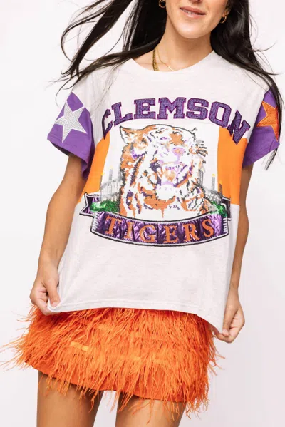 Queen Of Sparkles Clemson Vintage Stadium Star Tee In White
