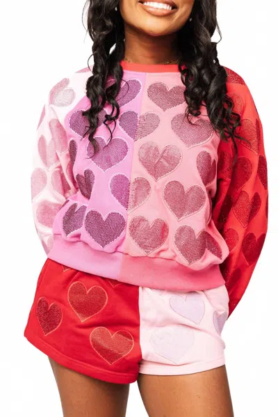 Queen Of Sparkles Colorblock Rhinestone Hearts Sweatshirt In Pink