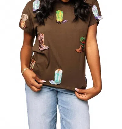 Queen Of Sparkles Cowboy Boot Tee In Brown Multi