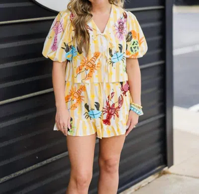 Queen Of Sparkles Crab & Lobster Tie Top In Yellow Stripe In Multi
