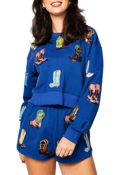 Queen Of Sparkles Cropped Boot Sweatshirt In Royal Blue