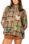 Queen Of Sparkles Deer Head Button Up Long Sleeve Top In Brown Plaid Multi In Multi