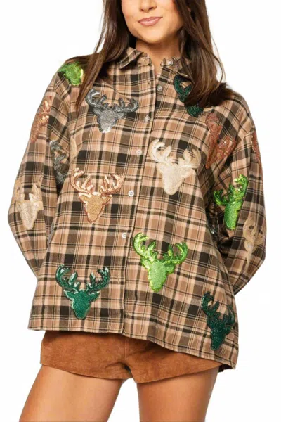 Queen Of Sparkles Deer Head Button Up Long Sleeve Top In Brown Plaid Multi