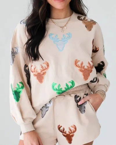 Queen Of Sparkles Deer Head Sweatshirt In Beige In Multi