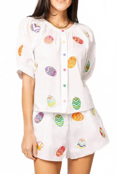 QUEEN OF SPARKLES EASTER EGG BUTTON UP TOP IN WHITE