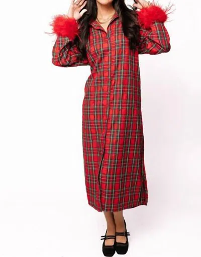 Queen Of Sparkles Feather Sleeve Button Up Midi Dress In Red Green Plaid