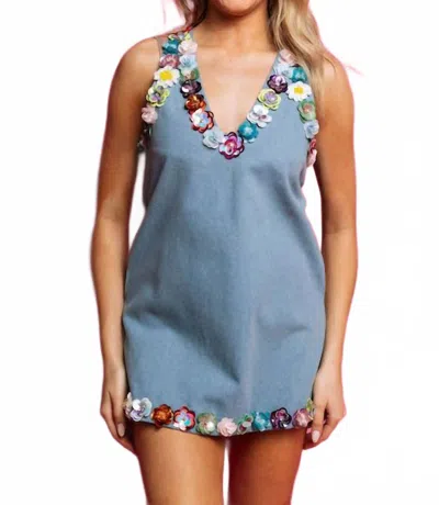 Queen Of Sparkles Floral Trim Tank Dress In Denim In Multi