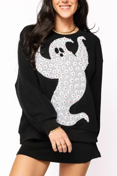 Queen Of Sparkles Flower Sequin Ghost Sweatshirt In Black/white