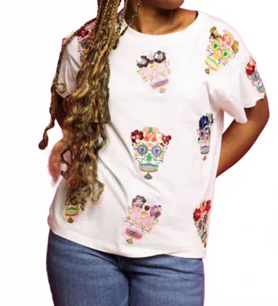 Queen Of Sparkles Flower Sugar Skull Tee In White