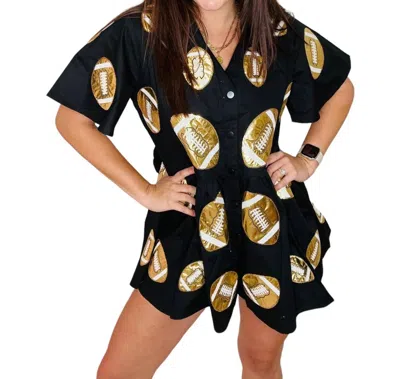 Queen Of Sparkles Football Romper In Black & Gold