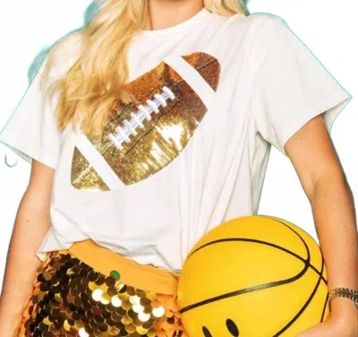Queen Of Sparkles Football Tee In White & Gold In Multi