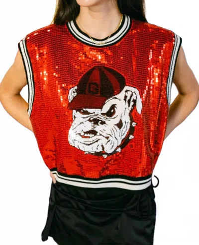 Queen Of Sparkles Full Sequin Sweater Tank With Bulldog Head In Red In Orange