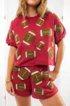Queen Of Sparkles Fuzzy Football Top In Maroon In Multi